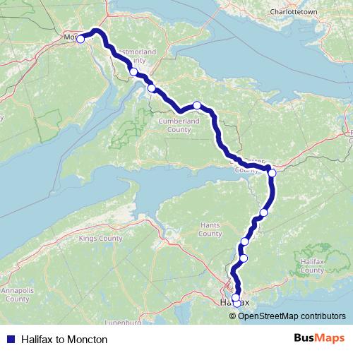 Halifax to Moncton bus Line Map