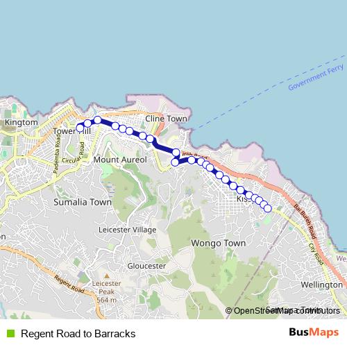Regent Road to Barracks bus Line Map