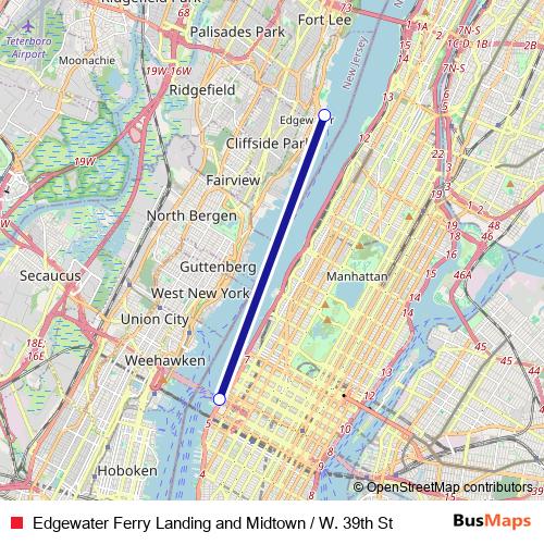 Edgewater Ferry Landing and Midtown / W. 39th St ferry Line Map