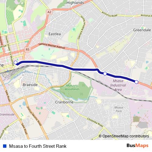 Msasa to Fourth Street Rank bus Line Map