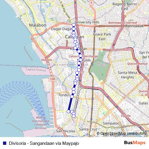 Divisoria - Sangandaan via Maypajo bus Line Map
