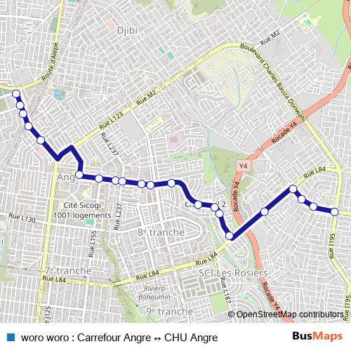 woro woro : Carrefour Angre ↔ CHU Angre bus Line Map