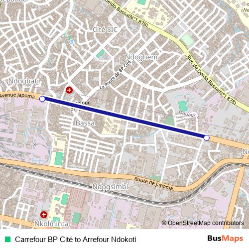 Carrefour BP Cité to Arrefour Ndokoti bus Line Map