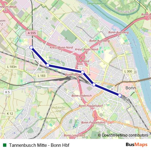 Tannenbusch Mitte - Bonn Hbf rail Line Map