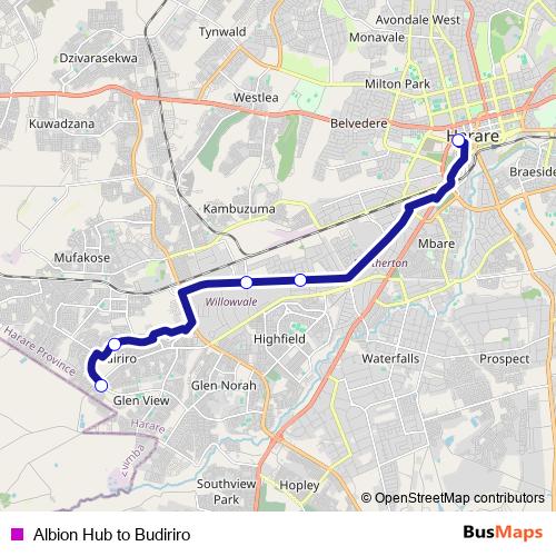 Albion Hub to Budiriro bus Line Map