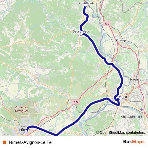 Nîmes-Avignon-Le Teil rail Line Map