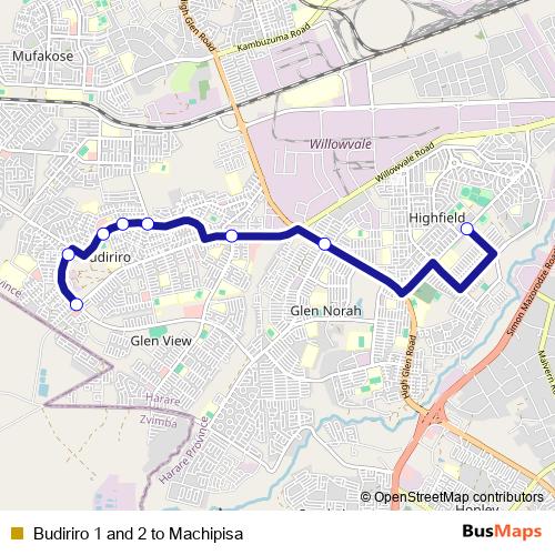 Budiriro 1 and 2 to Machipisa bus Line Map