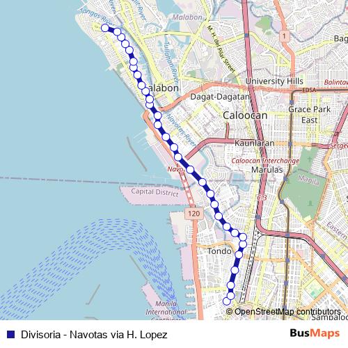 Divisoria - Navotas via H. Lopez bus Line Map