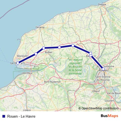 Rouen - Le Havre rail Line Map