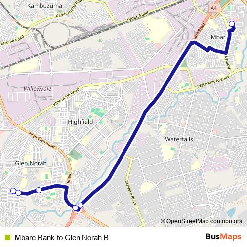 Mbare Rank to Glen Norah B bus Line Map