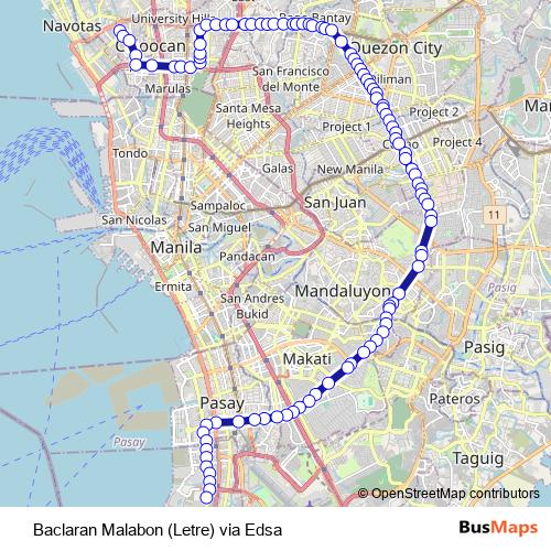 Baclaran Malabon (Letre) via Edsa bus Line Map