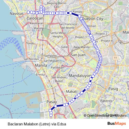 Baclaran Malabon (Letre) via Edsa bus Line Map