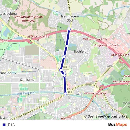 E13 bus Line Map
