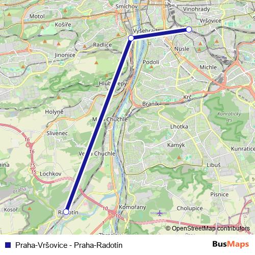 Praha-Vršovice - Praha-Radotín rail Line Map