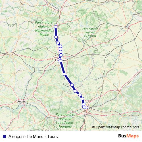 Alençon - Le Mans - Tours rail Line Map