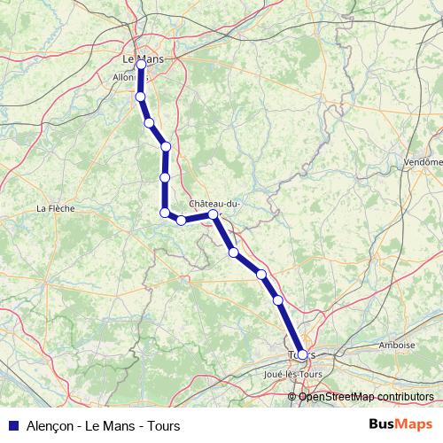 Alençon - Le Mans - Tours rail Line Map