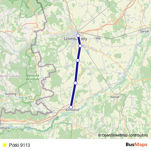 Pótló 9113 bus Line Map