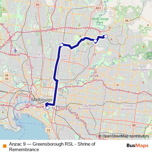 Anzac 9 bus Line Map