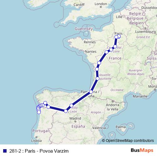 281-2 : Paris - Povoa Varzim bus Line Map