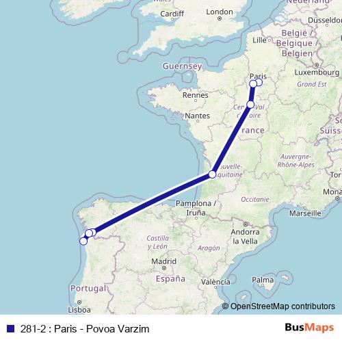 281-2 : Paris - Povoa Varzim bus Line Map