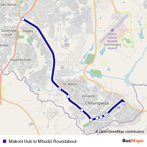 Makoni Hub to Mbudzi Roundabout bus Line Map