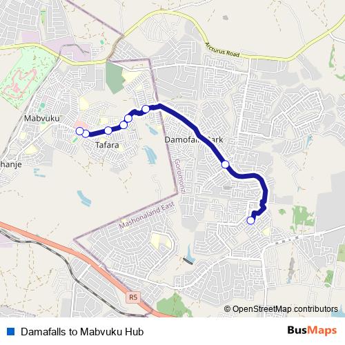 Damafalls to Mabvuku Hub bus Line Map