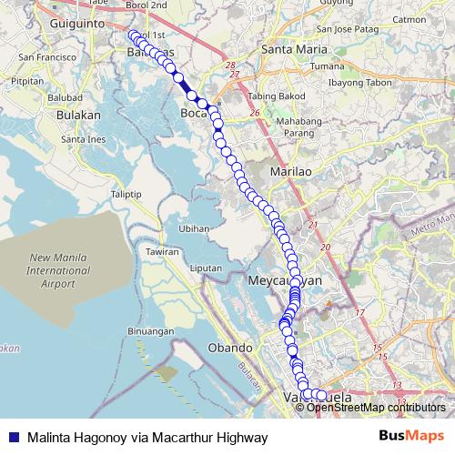Malinta Hagonoy via Macarthur Highway bus Line Map