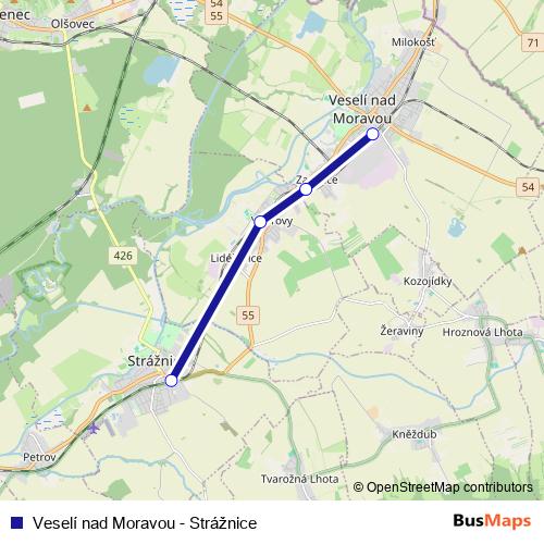 Veselí nad Moravou - Strážnice rail Line Map