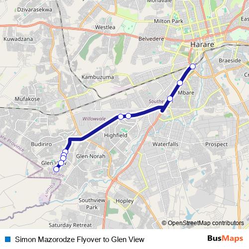 Simon Mazorodze Flyover to Glen View bus Line Map