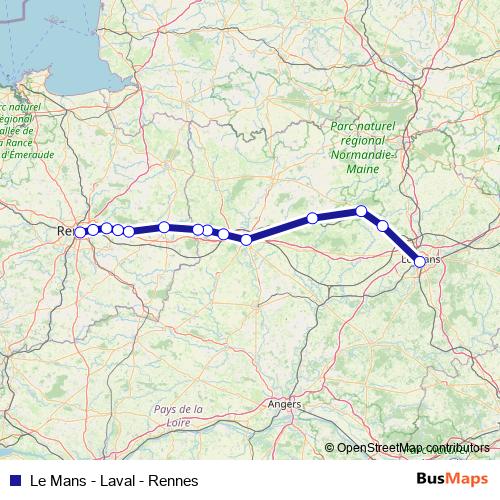 Le Mans - Laval - Rennes rail Line Map