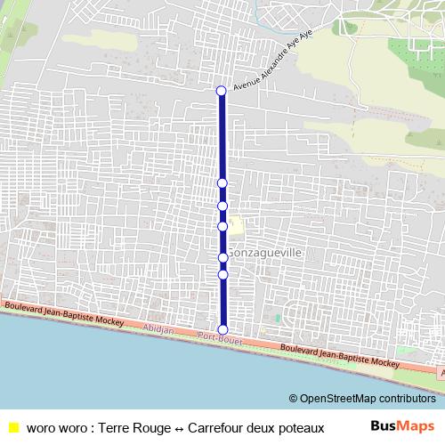 woro woro : Terre Rouge ↔ Carrefour deux poteaux bus Line Map