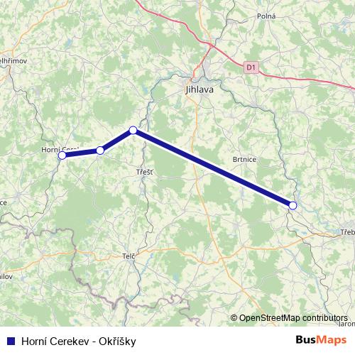 Horní Cerekev - Okříšky rail Line Map