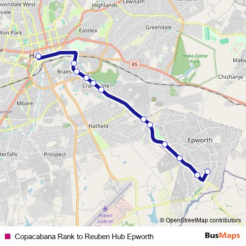 Copacabana Rank to Reuben Hub Epworth bus Line Map