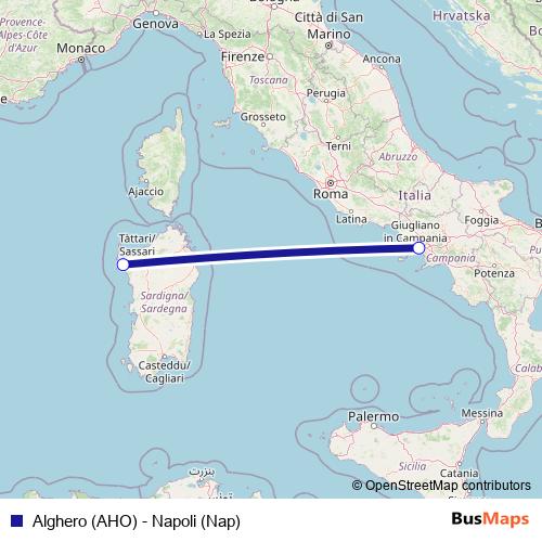 Alghero (AHO) - Napoli (Nap) air Line Map