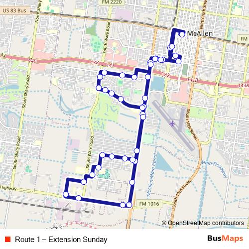 Route 1 – Extension Sunday bus Line Map