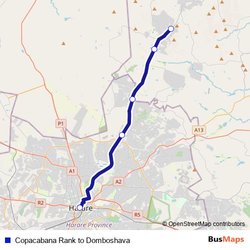 Copacabana Rank to Domboshava bus Line Map