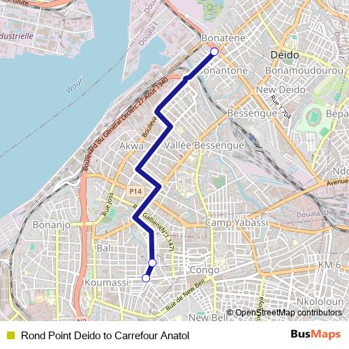 Rond Point Deido to Carrefour Anatol bus Line Map