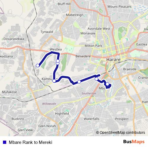 Mbare Rank to Mereki bus Line Map
