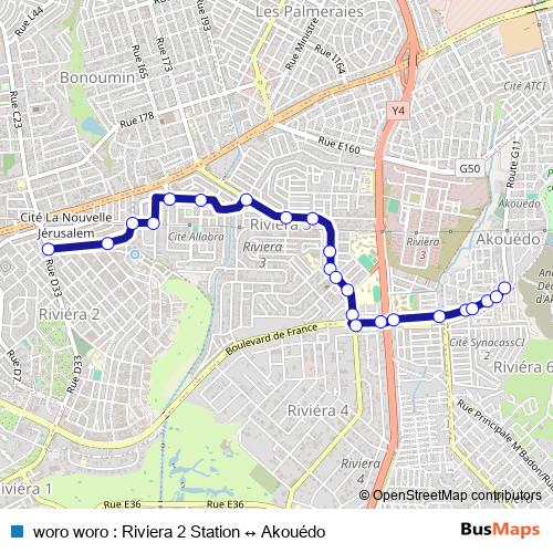 woro woro : Riviera 2 Station ↔ Akouédo bus Line Map