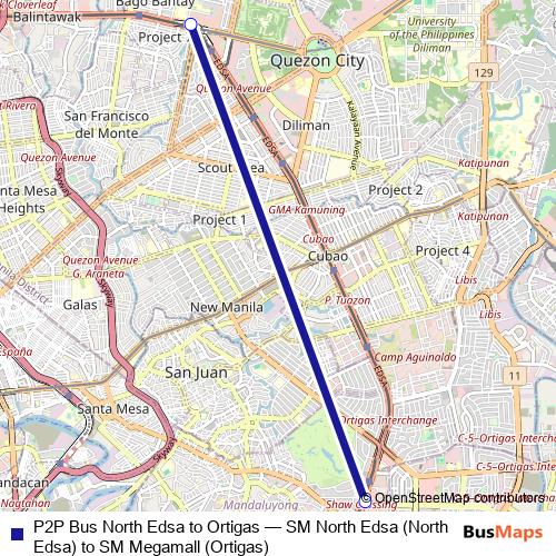 P2P Bus North Edsa to Ortigas bus Line Map