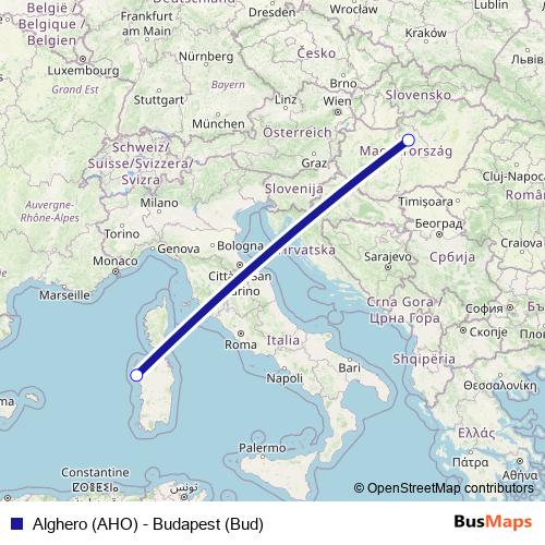 Alghero (AHO) - Budapest (Bud) air Line Map
