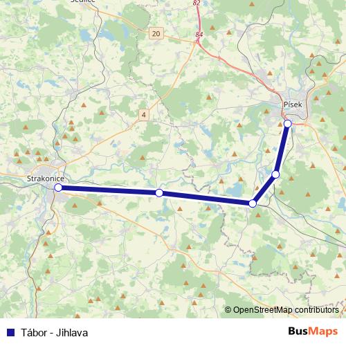Tábor - Jihlava rail Line Map
