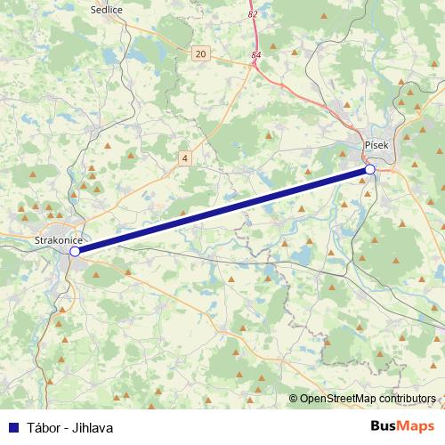 Tábor - Jihlava rail Line Map