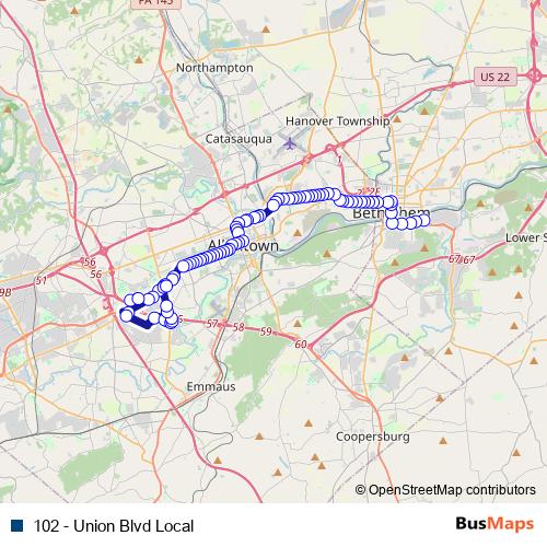 102 - Union Blvd Local bus Line Map