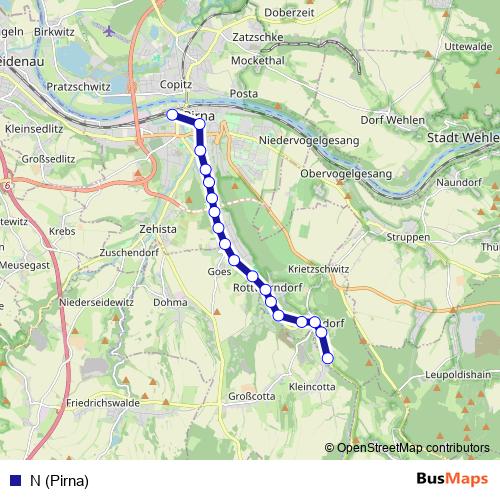 N (Pirna) bus Line Map