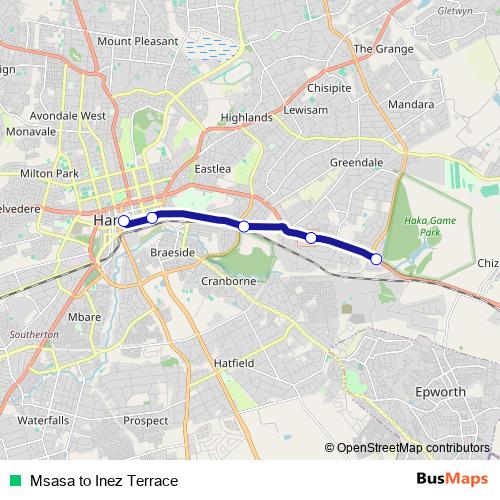 Msasa to Inez Terrace bus Line Map