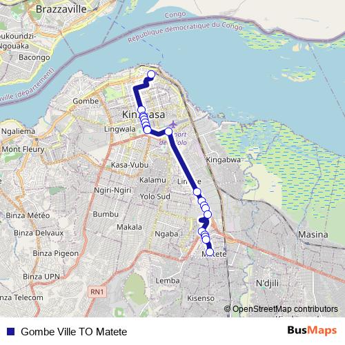 Gombe Ville TO Matete bus Line Map