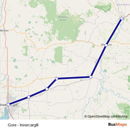 Gore - Invercargill bus Line Map