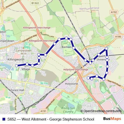 S652 (West Allotment - George Stephenson School) Bus, route scheme and ...