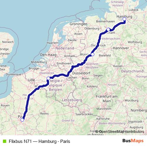 Flixbus N71 bus Line Map